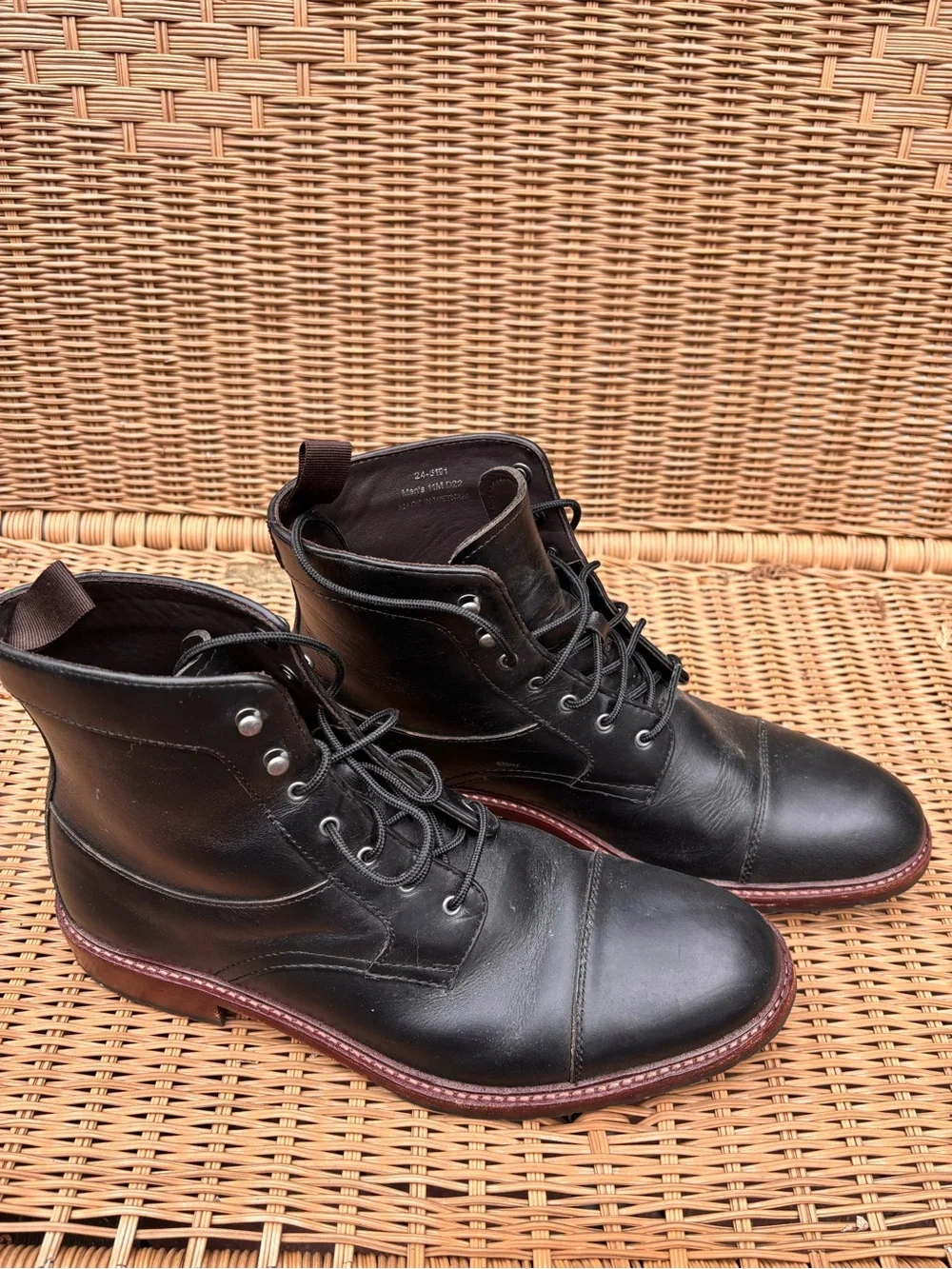 Johnston & Murphy Black Leather Cap-Toe Lace-Up Boots with Brown Welt